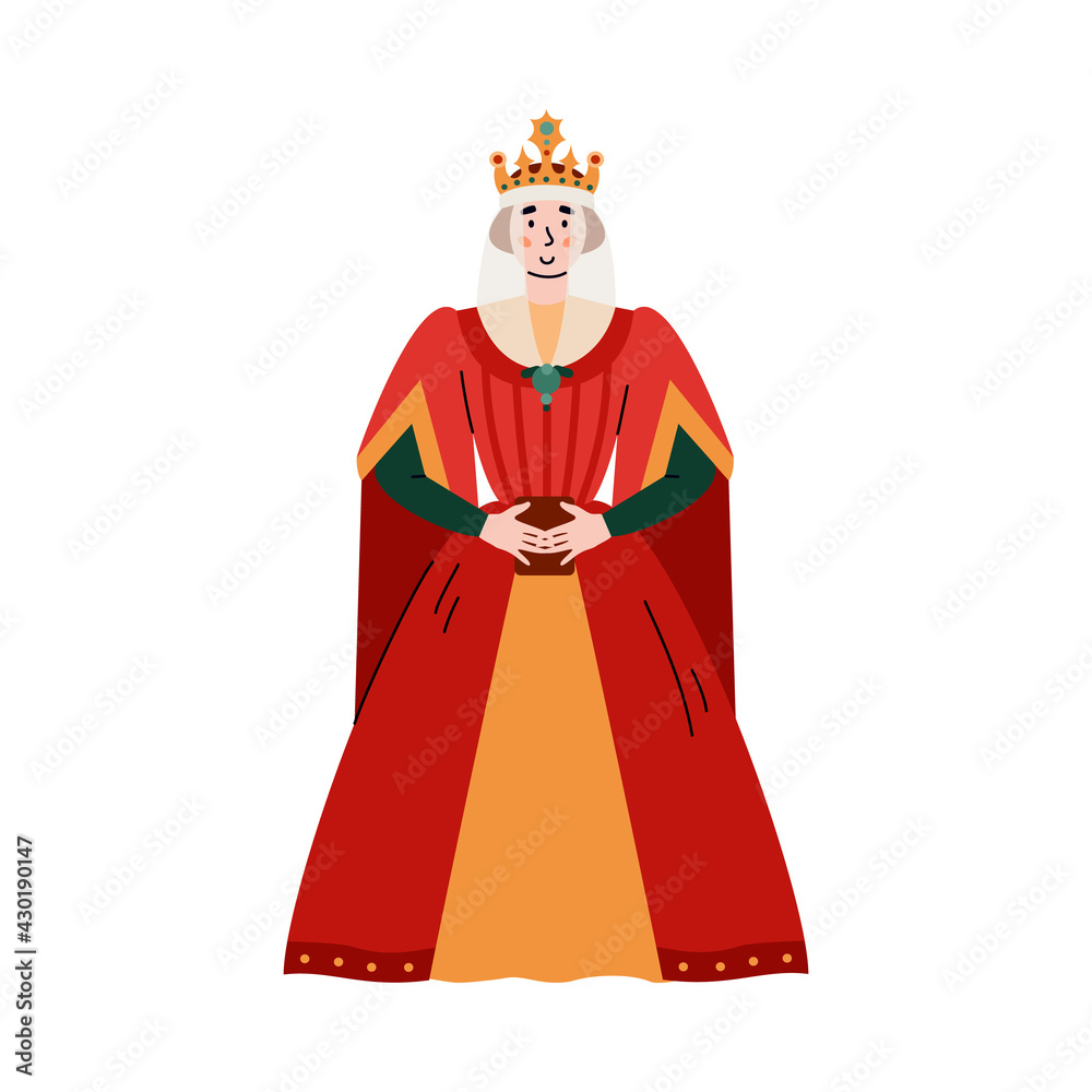 Medieval queen in red dress and golden royal crown a vector isolated illustration