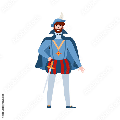 European medieval nobleman in rich clothes, flat vector illustration isolated.