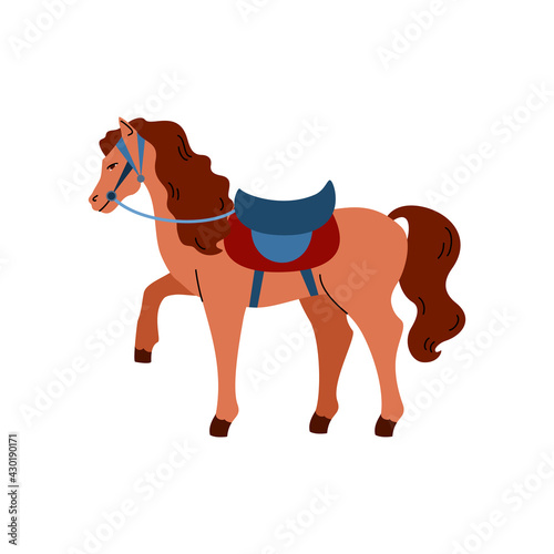 Harnessed horse cartoon character with saddle flat vector illustration isolated.