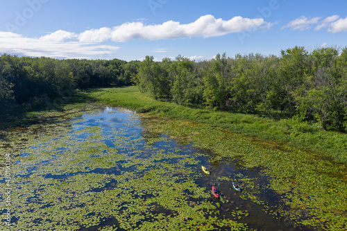 Obraz na płótnie Aerial drone photo of Grandfather, father and son kayaking in lily pads in the summer in Canadian wilderness w salonie