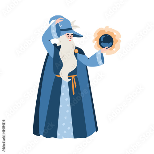 Wizard or sorcerer conjures with crystal ball flat vector illustration isolated.