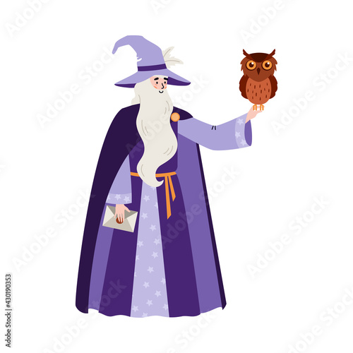 Fairy tale wizard or sorcerer with owl flat vector illustration isolated.