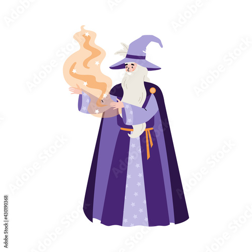 Wizard or sorcerer casts with magic powder, flat vector illustration isolated.