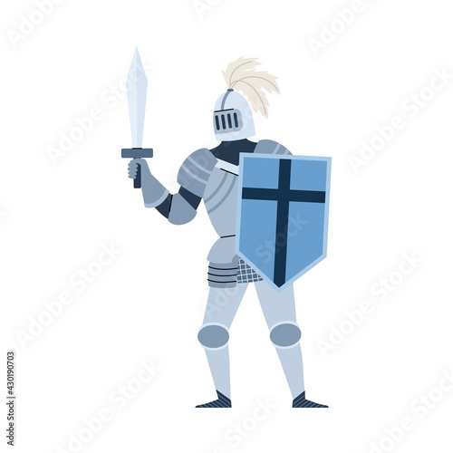 Medieval knight in armour and helmet flat vector illustration isolated.