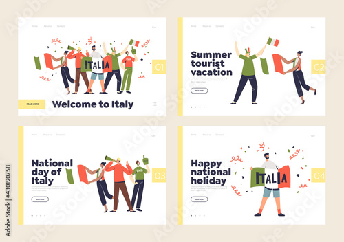 Welcome to Italy set of landing pages with people holding italian flags celebrate national holiday