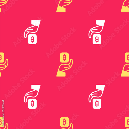 Yellow Hand holding Bitcoin icon isolated seamless pattern on red background. Blockchain technology, digital money market, cryptocoin wallet. Vector