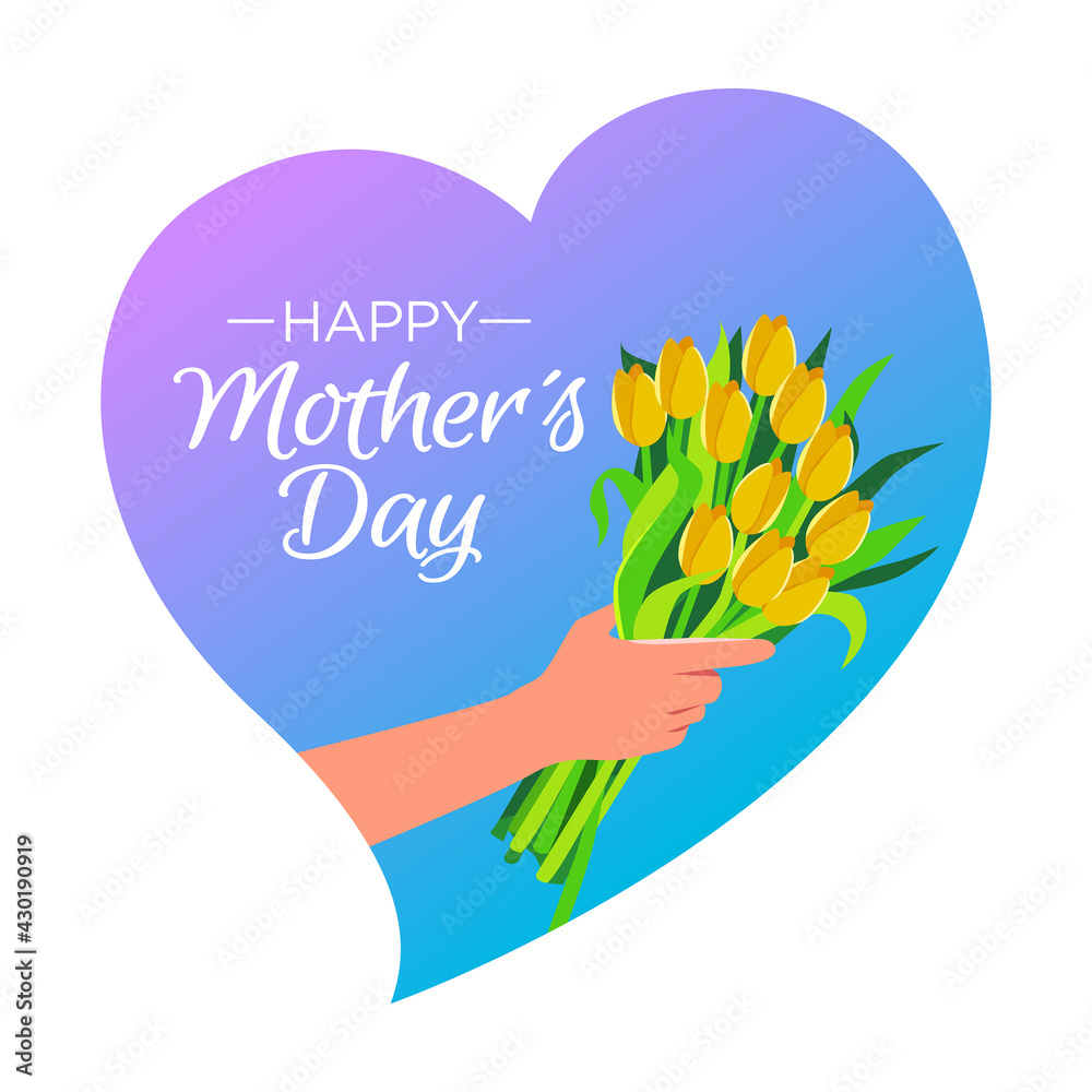 Fototapeta premium Happy Mother's Day. Heart shaped typographical design with flower bouquet. Greeting card. vector 