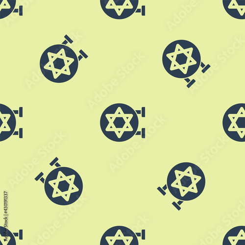 Blue Jewish synagogue building or jewish temple icon isolated seamless pattern on yellow background. Hebrew or judaism construction with David star. Vector