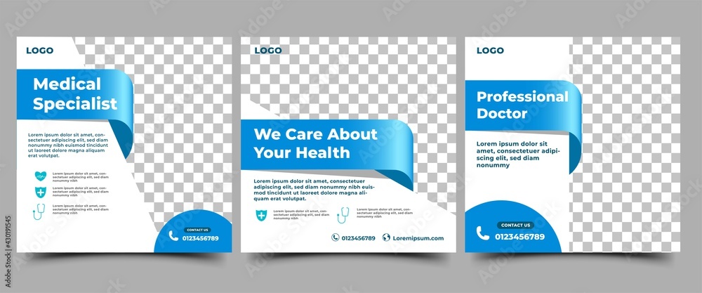 Medical social media post template. Modern banner design with blue color ribbon decoration and place for the photo. Suitable for social media, websites, flyers, and banners. - obrazy, fototapety, plakaty 