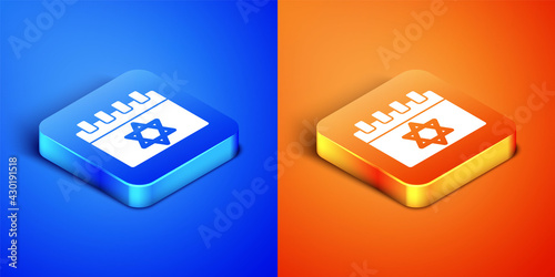 Isometric Jewish calendar with star of david icon isolated on blue and orange background. Hanukkah calendar day. Square button. Vector