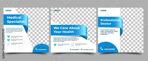 Medical social media post template. Modern banner design with blue color ribbon decoration and place for the photo. Suitable for social media, websites, flyers, and banners.