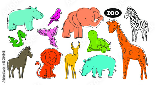 Set of vector animals in the style of doodle from the zoo. Animals of bright colors of a gall  a giraffe  a turtle  a lion and other animals of Africa.