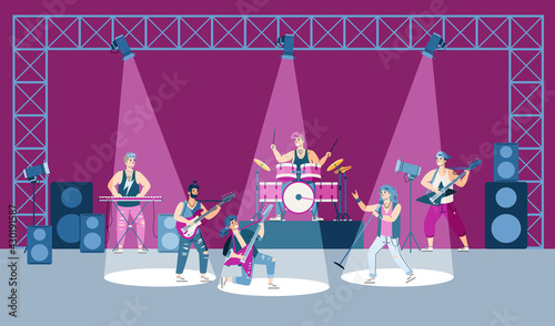 Scene of performance of rock band on stage, cartoon flat vector illustration.