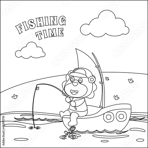 Vector cartoon illustration of cute lion fishing on sailboat with cartoon style. Childish design for kids activity colouring book or page.