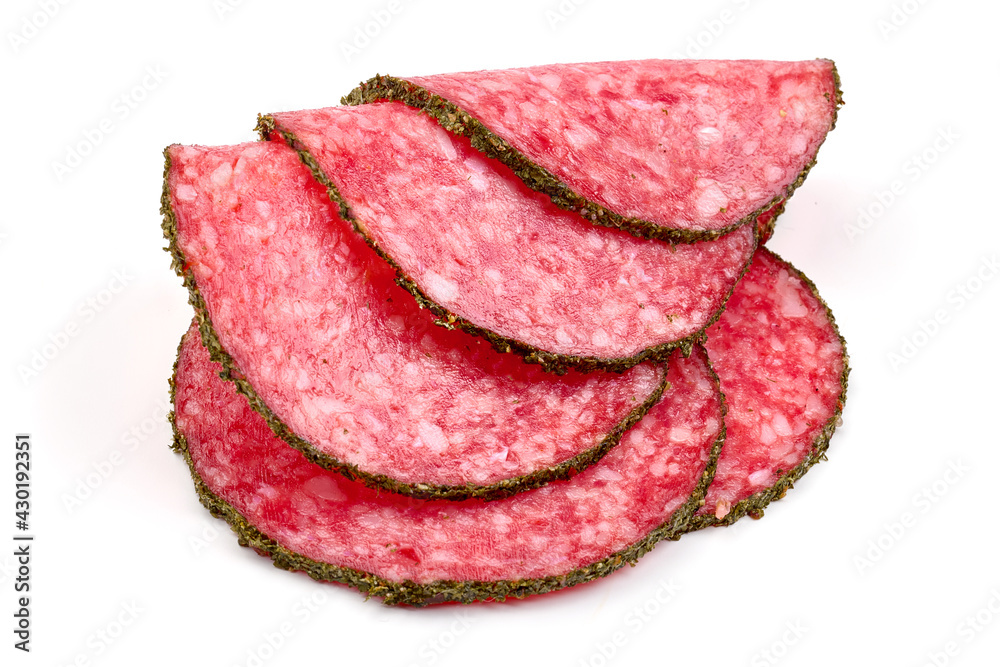 Salami sausage slices, isolated on white background. High resolution image Salami sausage slices, isolated on white background. High resolution image