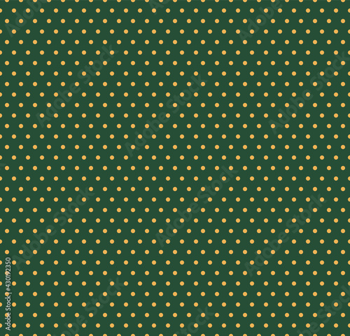 Small polka dots abstract geometric seamless pattern, digital texture, gold on green background. Vector illustration. Design concept for minimal textile print, packaging, wrapping paper.