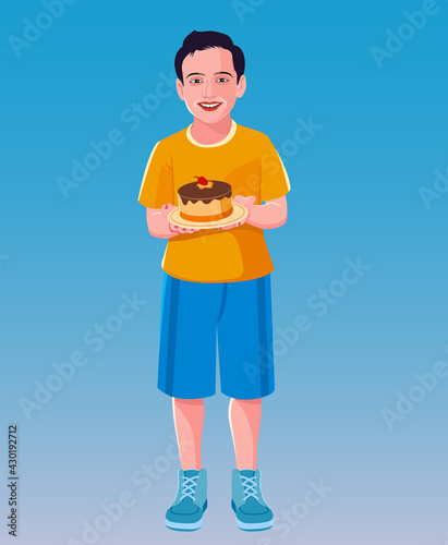 happy birthday. boy with cake. holding on hand. vector photo