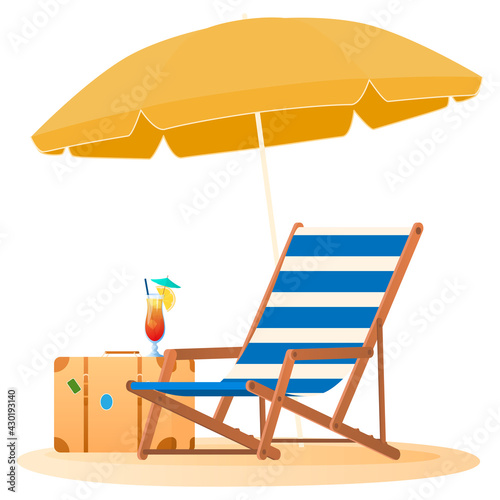 Travel and vacation concept. Beach umbrella and chair. Relaxing on the beach. Vector illustration