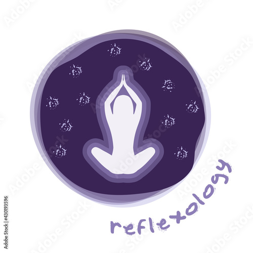 White silhouette of woman in meditation pose. Concept of Reflexology on violet background  for your design. Inspection, prevention reflexes and therapy.   EPS10.