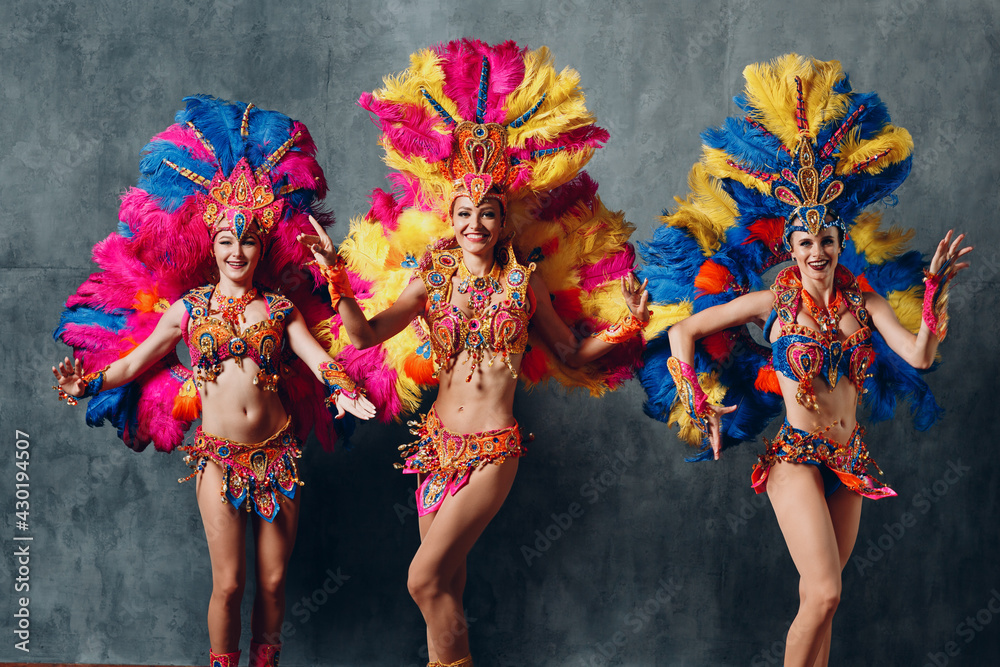 Women in brazilian samba carnival costume with colorful feathers plumage.  Stock Photo