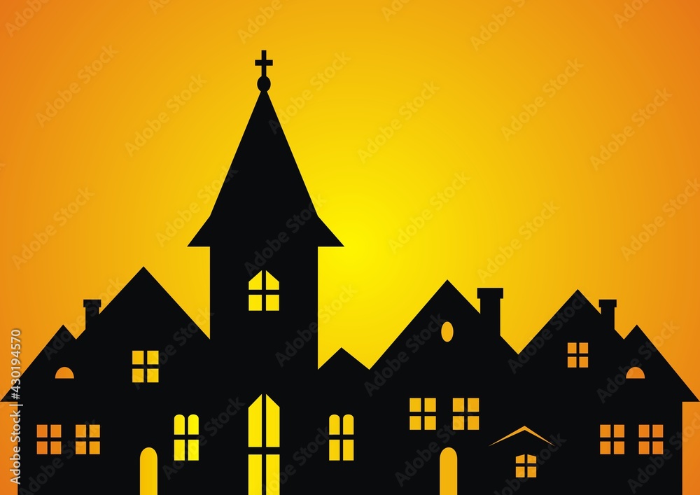 Town with church, black silhouette on orange background, vector illustration