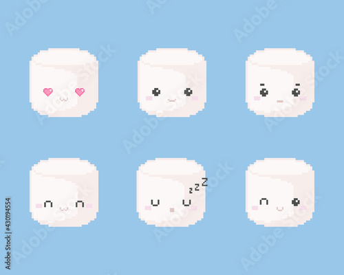 Marshmallows emoji icons set.  Cute cartoon pixel Marshmallows isolated vector. 