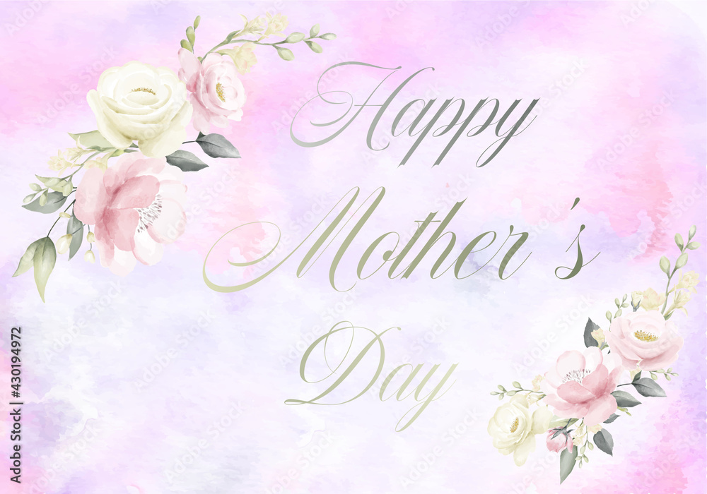 card or banner on Happy Mothers Day in gray with two garlands of pink and white flowers on each side on a pink and blue marbled background