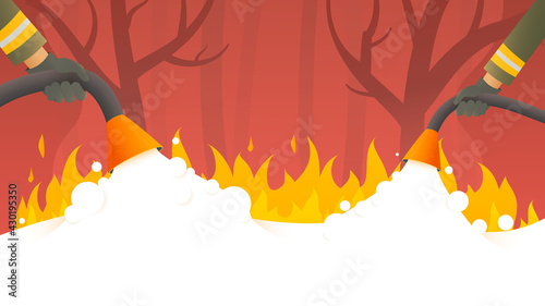 Forest wildlife fire. Firefighters fight a nature fire disaster vector cartoon illustration. 
