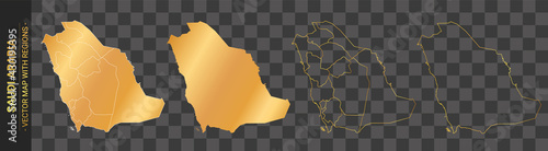 set of 4 gold political maps of Saudi Arabia with regions isolated on transparent background	
