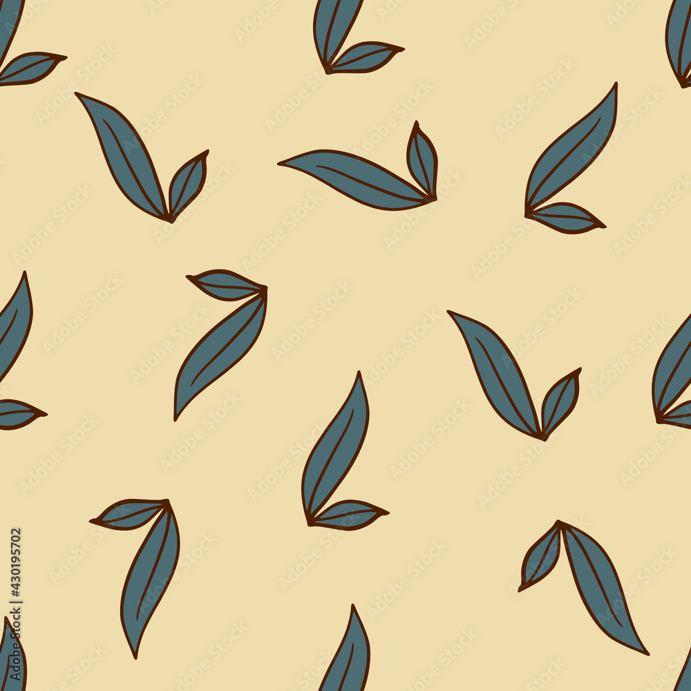 Simple style seamless pattern with navy blue outline leaves elements print. Beige pastel background.