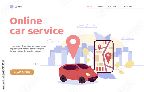 Online car service concept of website page, flat cartoon vector illustration.