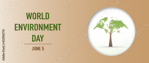 World Environment Day banner of brown paper cut style and tree shaped with world map, Vector illustration