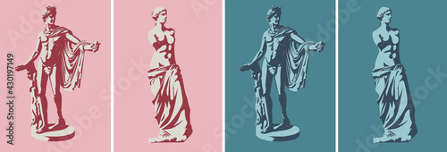 Statues of Venus de Milo (goddess of love) and Apollo Belvedere in two colors. Stilization of light and shadow. Vector illustration, EPS 10. The concept of classical sculpture, pop art style. Isolated