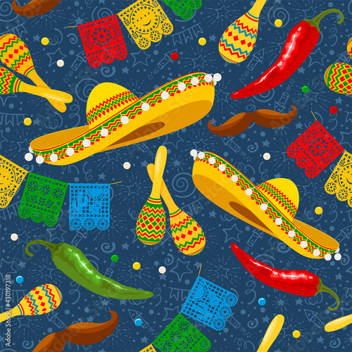 Cinco de Mayo seamless pattern with traditional mexican sombrero, perforated paper flags, maracas and other. Hand drawn festive pattern on blue background. Vector illustration. 