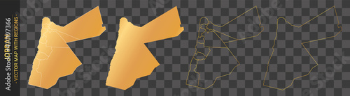 set of 4 gold political maps of Jordan with regions isolated on transparent background	
