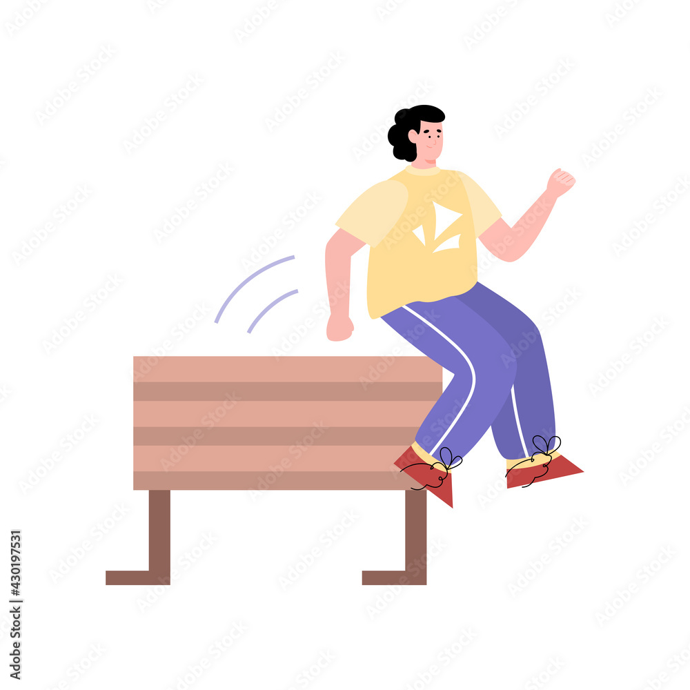 Man cartoon character jumping over obstacle, flat vector illustration isolated. Man cartoon character jumping over obstacle, flat vector illustration isolated.