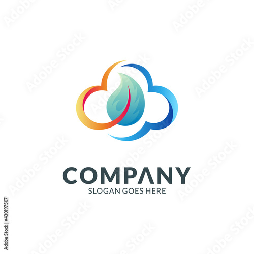 Vector logo of cloud and leaf with simple minimalist concept in gradient color