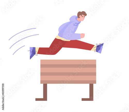 Young man jumping over obstacle or barrier, flat vector illustration isolated.