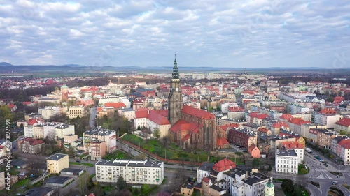 Swidnica, Poland. Aerial view of city with St. Stanislaus and St. Wenceslaus Cathedral
 photo