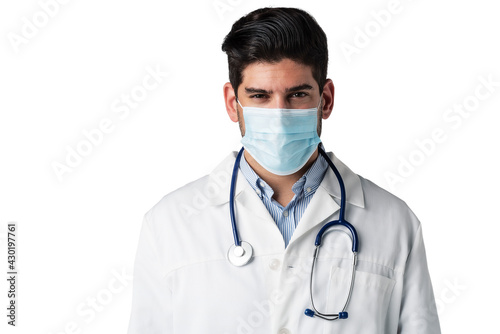 Portrait of male doctor wearing face mask for prevention while standing at isolated background