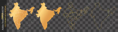 set of 4 gold political maps of India with regions isolated on transparent background	
