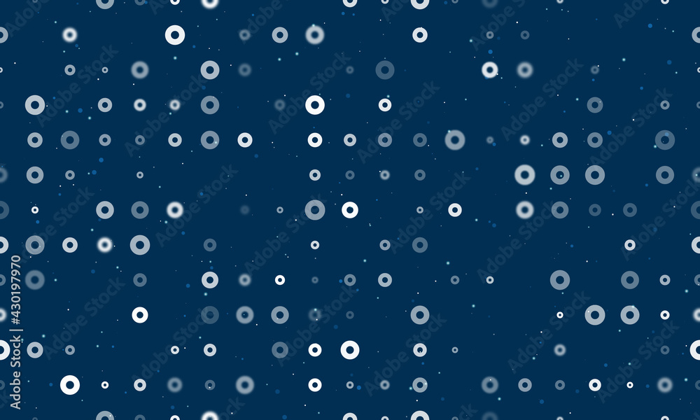 Seamless background pattern of evenly spaced white record media symbols of different sizes and opacity. Vector illustration on dark blue background with stars