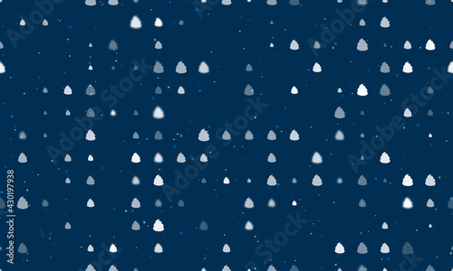 Seamless background pattern of evenly spaced white poop symbols of different sizes and opacity. Vector illustration on dark blue background with stars