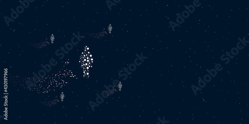 A woman symbol filled with dots flies through the stars leaving a trail behind. Four small symbols around. Empty space for text on the right. Vector illustration on dark blue background with stars