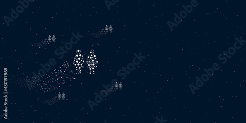 A woman with woman symbol filled with dots flies through the stars leaving a trail behind. There are four small symbols around. Vector illustration on dark blue background with stars