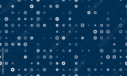 Seamless background pattern of evenly spaced white record media symbols of different sizes and opacity. Vector illustration on dark blue background with stars