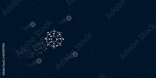 A wheel symbol filled with dots flies through the stars leaving a trail behind. Four small symbols around. Empty space for text on the right. Vector illustration on dark blue background with stars