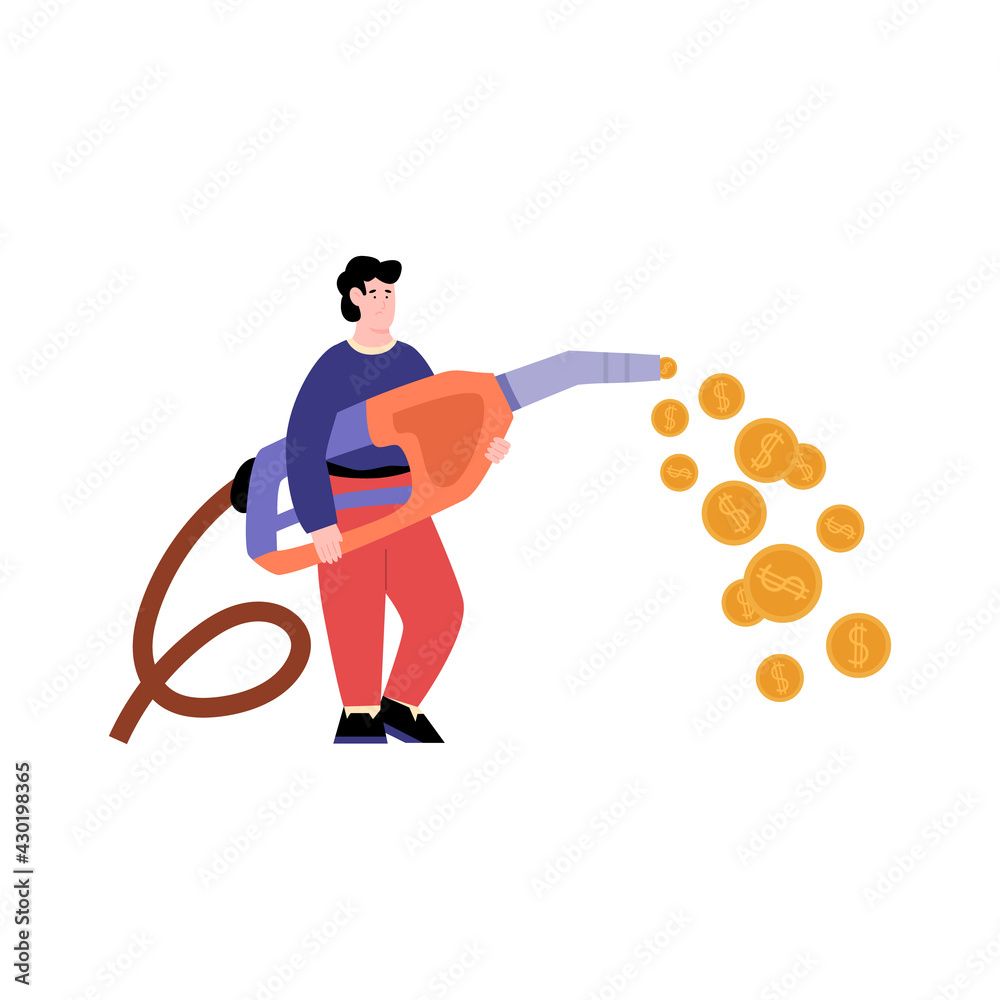 Man with car gas nozzle spraying out golden coins, flat vector isolated.