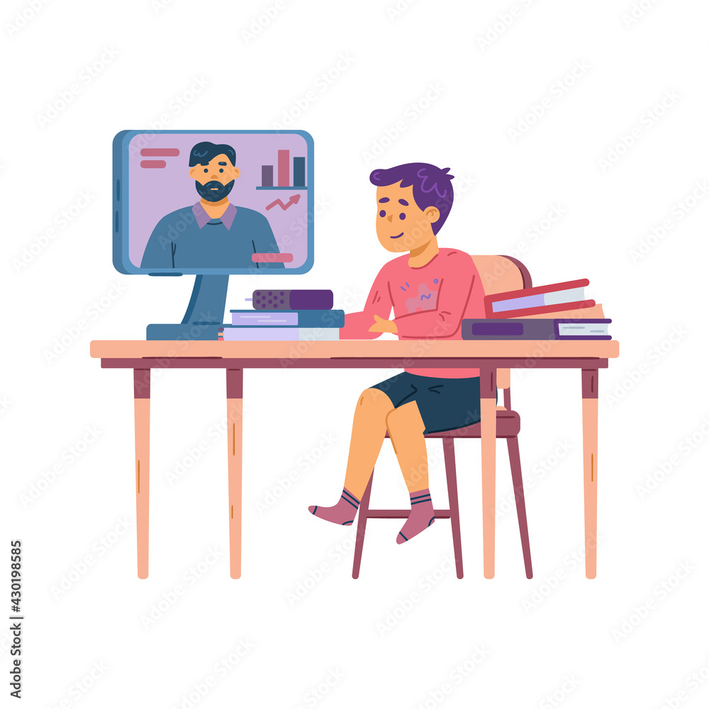 Child studying remotely and having virtual call, vector illustration isolated. Child studying remotely and having virtual call, vector illustration isolated.