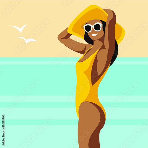 vector flat design trendy illustration on the theme of summer holidays.a tanned young smiling girl in a yellow swimsuit, sunglasses and a hat stands on a beach against the backdrop of the sea or ocean